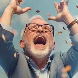 an older man is excited with falling coins