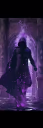 a man in a costume is running through water with a bright glowing purple sky above him,an image of a person walking across water