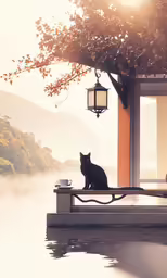 the cat is sitting on the dock outside of the house