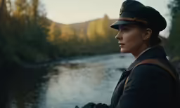 a woman in military attire looking off into the distance