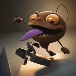 a cartoon character that has a large purple object in its mouth