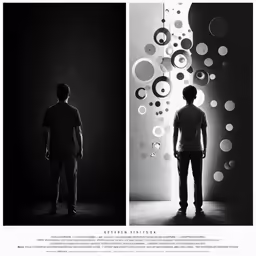 two men are standing together in front of circles