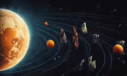 a group of small groups of objects near an orange planet