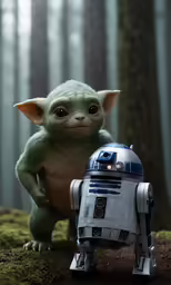 the baby yoda and bbmp star wars character in a forest