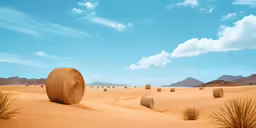 several hay bales are seen in the desert under a blue sky