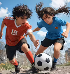children playing soccer with the ball on a field