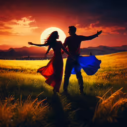there is a man and woman dancing in the field,the silhouette of two people standing on a field at sunset