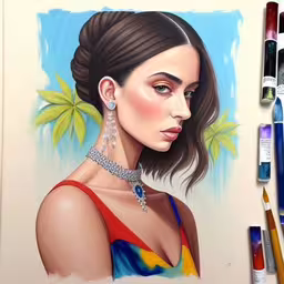 a woman is shown with her head turned back to look like she has an artistic tattoo,a drawing of a woman wearing a dress,a girl with a hair braid and jewelry,a picture of a woman with jewelry in her neck and necklaces in her hand,the girl has her hair pulled back in a bun