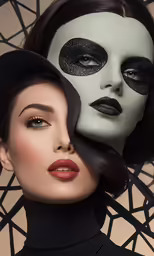 a woman with makeup looks into the distance while wearing a mask