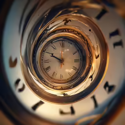 the reflection of an analog clock in a glass container