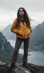 a young woman in a yellow jacket stands on top of a rock overlooking a body of water