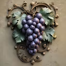 a large bunch of purple grapes hang from a metal rack