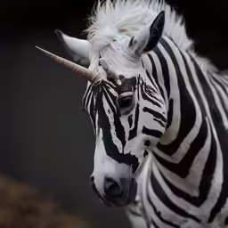 a zebra with horns on it standing in the dirt