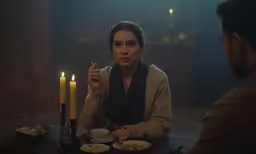 the woman is sitting in front of the man at the table eating