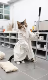 a cat dressed as a ghost is holding a stick