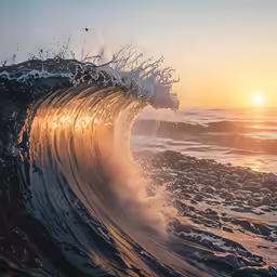 large waves splash on a rocky shore at sunset