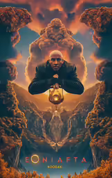a man is holding an lantern in the middle of a landscape