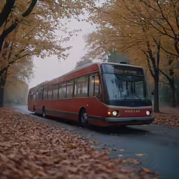 a long red bus is traveling down the road