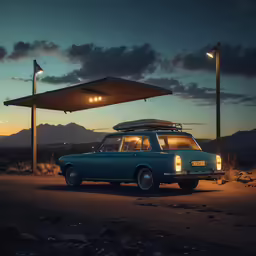 a car is parked under a large solar panel