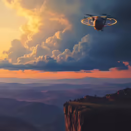 a flying object that is in the air over some mountains