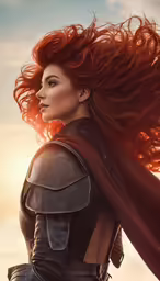 a red haired woman with an open suit of armor and cape