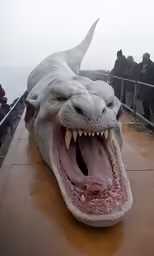 the giant animal is wearing an enormous toothy mouth