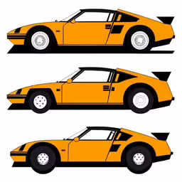 three different angles of a yellow sports car,three different cars side by side on the same sheet