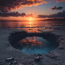 an orange sunset is above an icy puddle of water