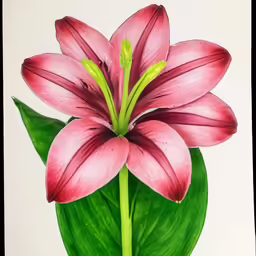 a pink flower is in a vase with green leaves