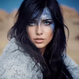 woman in grey dress with blue eyes and white face paint
