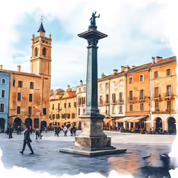 a square with a statue and a crowd of people walking around