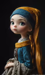 a close up of a doll on a black background