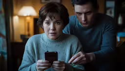 a man using a cell phone while a woman holds something