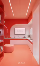 a pink kitchen with lots of books on shelves