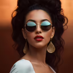 woman with large oval brown sunglasses in a portrait