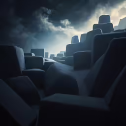 a photo taken at the back of a cinema theater, looking up at dark clouds