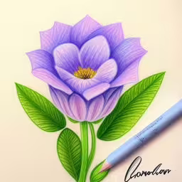 a drawing of a purple flower with green leaves,some colored pencils and a purple flower,the image shows an artistically detailed flower drawing,a colorful drawing of a purple flower,a drawing of a flower with green leaves
