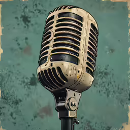 a rusty old microphone sits upright against an abstract background