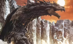 a large dragon stands in front of rocks and trees