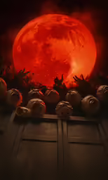 an orange full moon behind a fence, with several hands reaching out