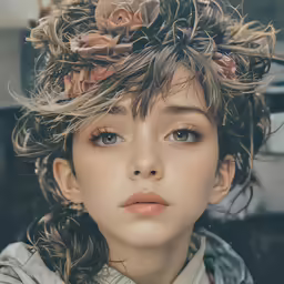 a woman has flowers in her hair