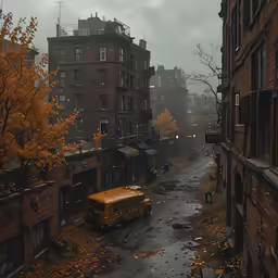 an old school bus is parked outside of a building in the rain