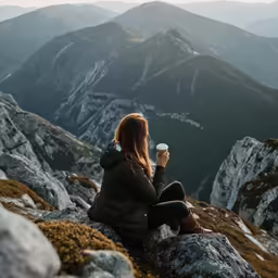 a person sitting on top of a mountain