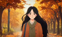 the animated image shows a young woman walking in an autumn forest,a young woman with long black hair in the woods, standing and looking into the distance