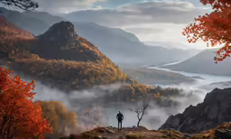 two people look out over a mountain valley in autumn