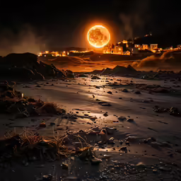 the view from a beach at night, lit up and with a glowing circle over rocks
