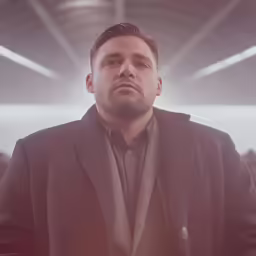 a man in a black coat and a person with a brown shirt and black tie