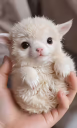 a little white kitten is sitting in the palm of a person