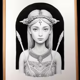 a black and white drawing of a girl with hair ornaments