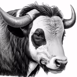 a white bull with long horns and a black face